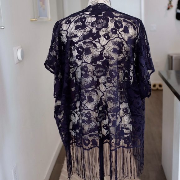 Topshop navy lace fringe open front cardigan shawl size S/M - Picture 2 of 3